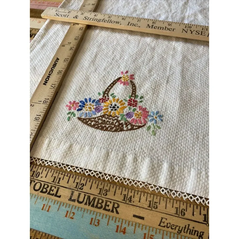 VINTAGE Hand Embroidered Tea Guest Towels Dresser Scarfs LINEN Floral Lot of 3